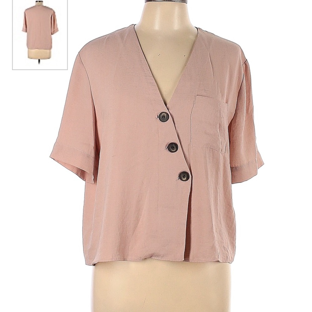 Topshop short sleeve diagonal button up blouse, size 8, blush color